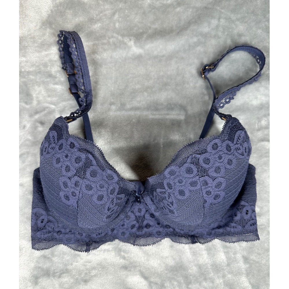 Aerie Bra Womens‎ 32C Blue Lace Push Up Underwire Floral Adjustable Straps